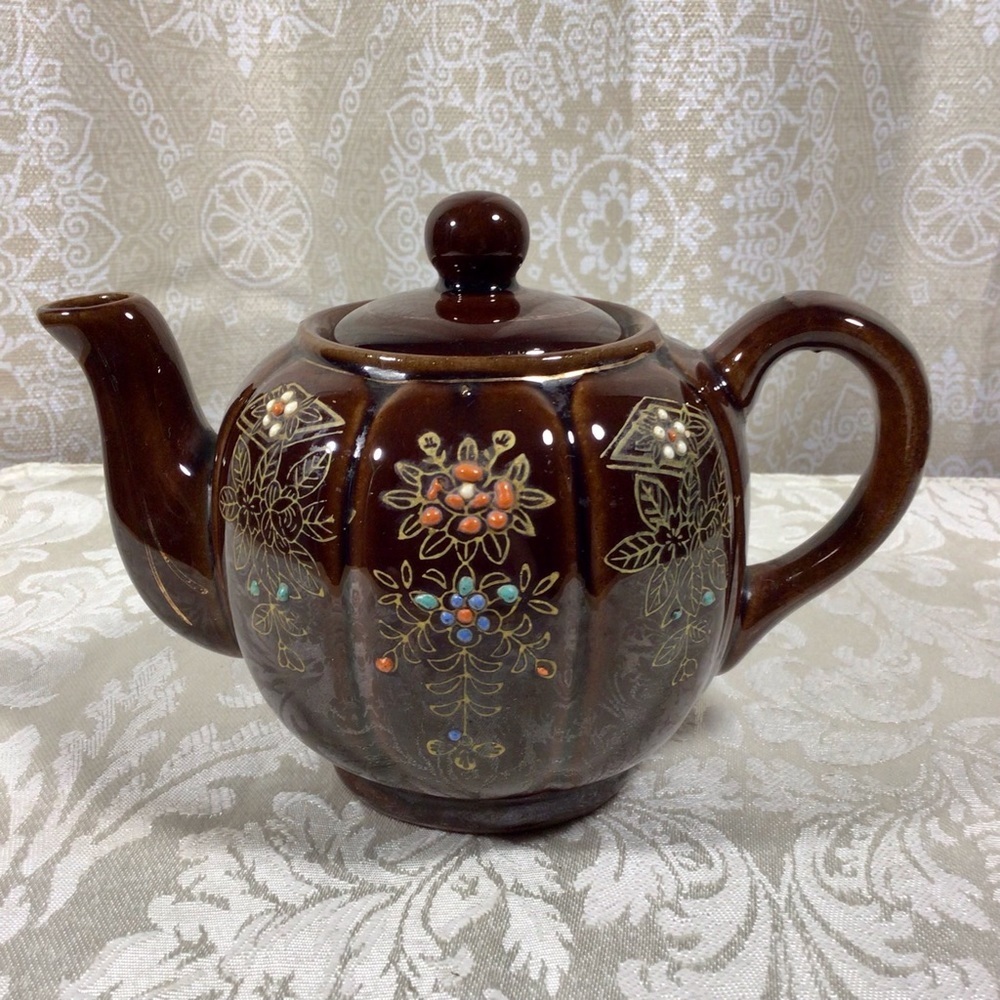 Vintage 1940’s Ceramic Brown Moriage Gold Gilt Teapot - Japan